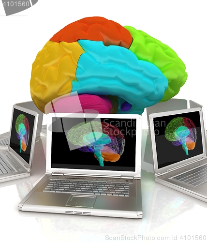 Image of Computers connected to central brain. 3d render