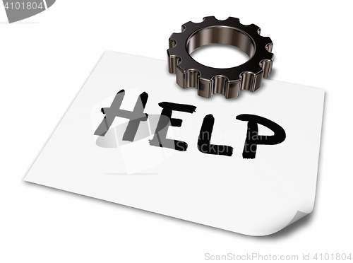 Image of the word help on paper sheet and gear wheel - 3d rendering