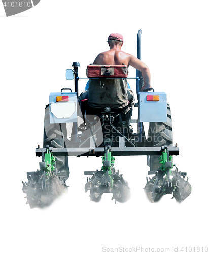 Image of man drives a tractor with special equipment isolated