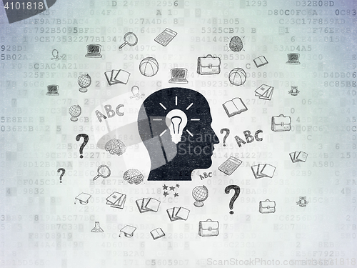 Image of Education concept: Head With Light Bulb on Digital Data Paper background