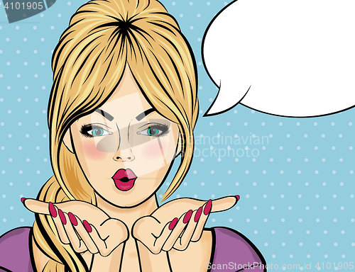 Image of Surprised pop art  woman  . Comic woman with speech bubble. Pin 