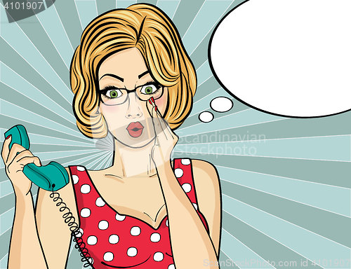 Image of Surprised pop art  woman chatting on retro phone . Comic woman w