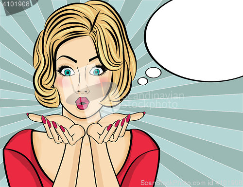 Image of Surprised pop art  woman  . Comic woman with speech bubble. Pin 