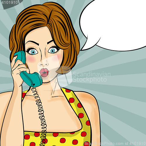 Image of Surprised pop art  woman chatting on retro phone . Comic woman w