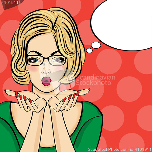 Image of Surprised pop art  woman  . Comic woman with speech bubble. Pin 