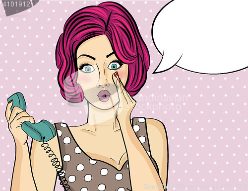 Image of Surprised pop art  woman chatting on retro phone . Comic woman w