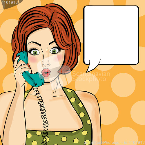 Image of Surprised pop art  woman chatting on retro phone . Comic woman w