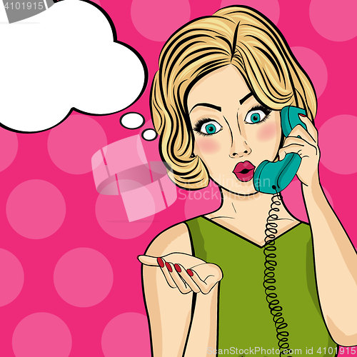 Image of Surprised pop art  woman chatting on retro phone . Comic woman w