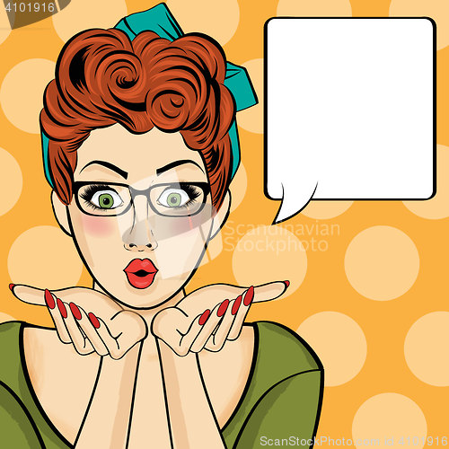 Image of Surprised pop art  woman  . Comic woman with speech bubble. Pin 