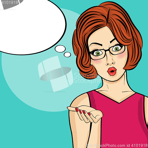 Image of Surprised pop art  woman  . Comic woman with speech bubble. Pin 