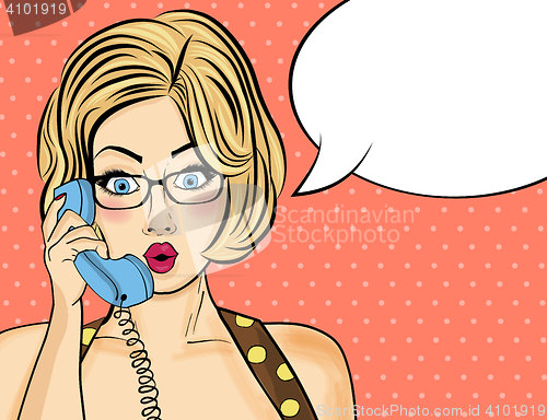 Image of Surprised pop art  woman chatting on retro phone . Comic woman w