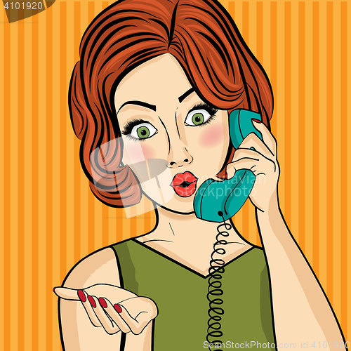 Image of Surprised pop art  woman chatting on retro phone . Comic woman w