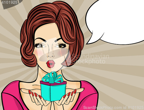 Image of Surprised pop art  woman that holds a gift in their hands . Comi