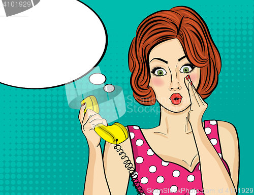 Image of Surprised pop art  woman chatting on retro phone . Comic woman w