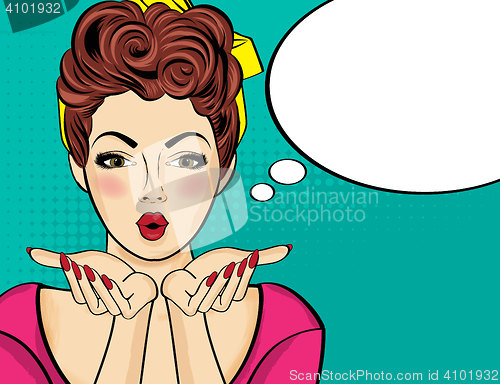 Image of Surprised pop art  woman  . Comic woman with speech bubble. Pin 