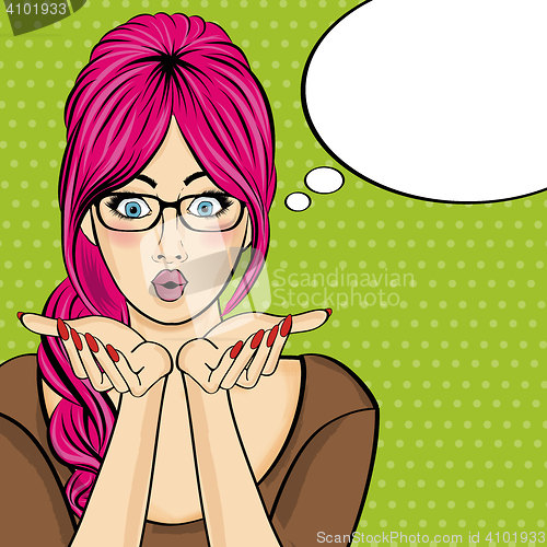 Image of Surprised pop art  woman  . Comic woman with speech bubble. Pin 