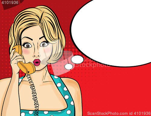 Image of Surprised pop art  woman chatting on retro phone . Comic woman w