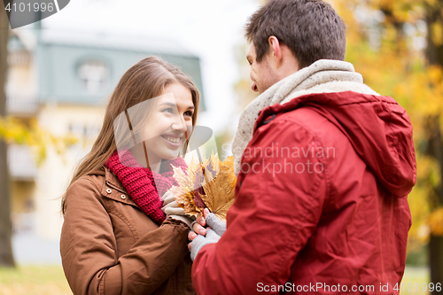 Image of happy couple with maple leaves in autumn park