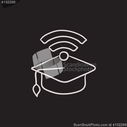 Image of Graduation cap with wi-fi sign sketch icon.