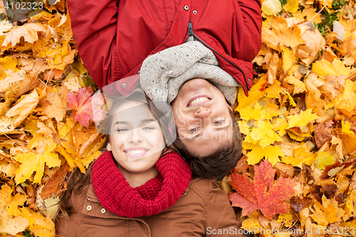Image of close up of smiling couple lying on autumn leaves