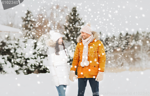 Image of happy couple walking over winter background