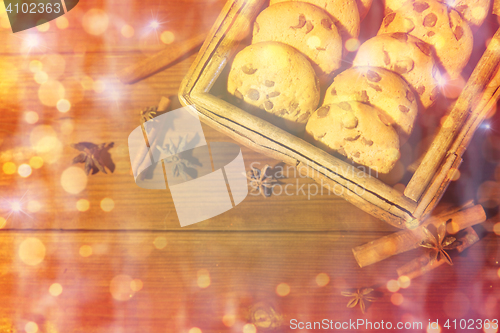 Image of close up of oat cookies on wooden table