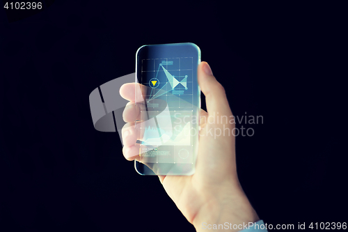 Image of close up of male hand with transparent smartphone