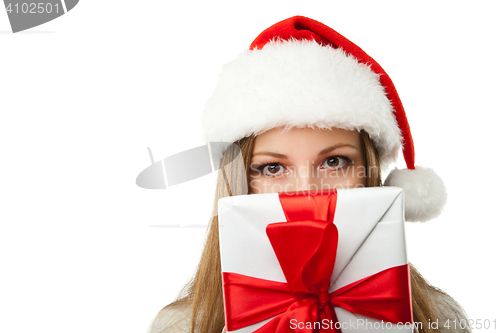 Image of woman hold christmas gift on white background