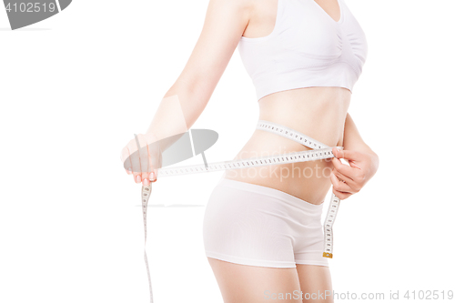 Image of Slimming woman measuring thigh with tape