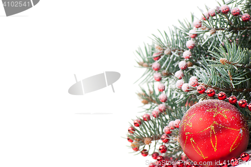 Image of Christmas decorations with branch of tree on white