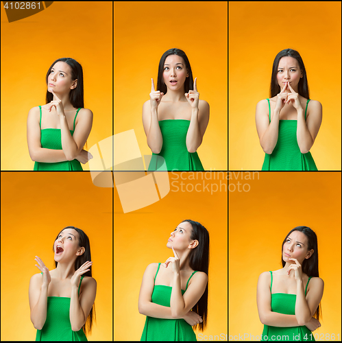 Image of The thinking Chinese girl on yellow background