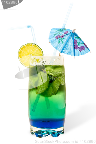 Image of dual-layer cocktail with mint and lime in a tall glass two straws umbrella. Isolation, white bakground, clipping mask