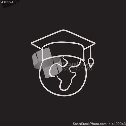 Image of Globe in graduation cap sketch icon.