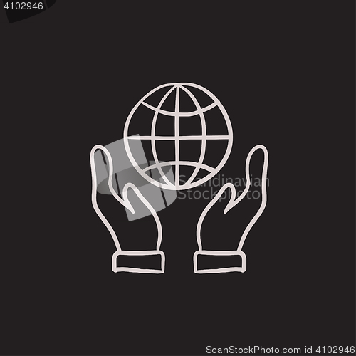 Image of Two hands holding globe sketch icon.