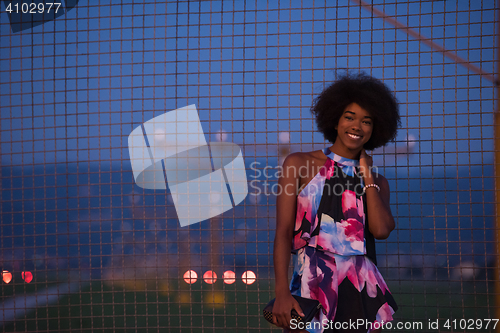 Image of portrait of a young African-American woman in a summer dress