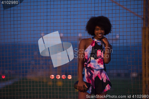 Image of portrait of a young African-American woman in a summer dress