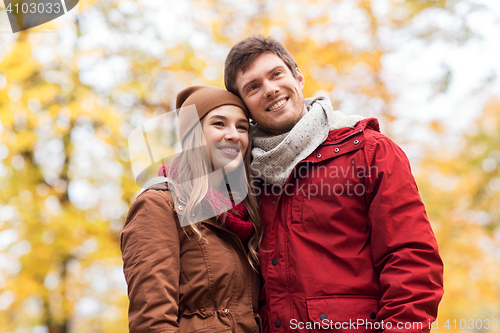 Image of happy young couple walking in autumn park