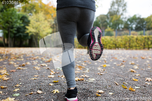 Image of close up of young woman running in autumn park