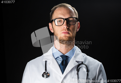 Image of close up of doctor in white coat with stethoscope