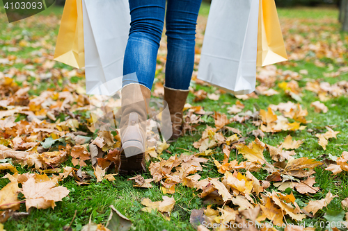 Image of woman with shopping bags walking along autumn park