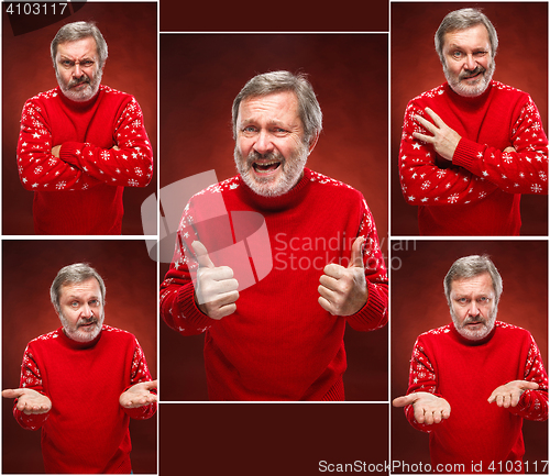 Image of Elderly smiling man on a red background