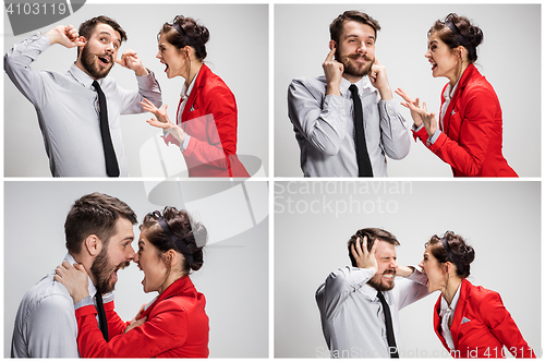 Image of The business man and woman communicating on a gray background