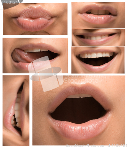 Image of collage of different lips  caucasian woman with  emotions