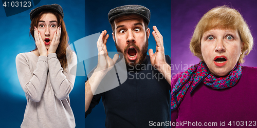 Image of The collage of young man and woman face expressions
