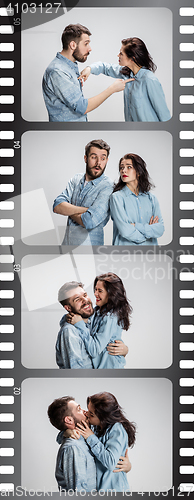 Image of The man and woman communicating on a gray background