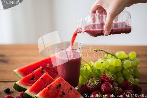 Image of hand pouring fruit juice from bottle to glass