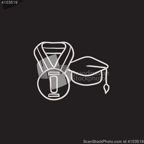 Image of Graduation cap with medal sketch icon.