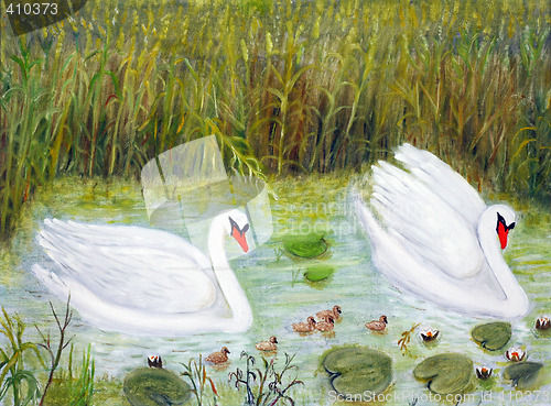 Image of Two swans with their little ones