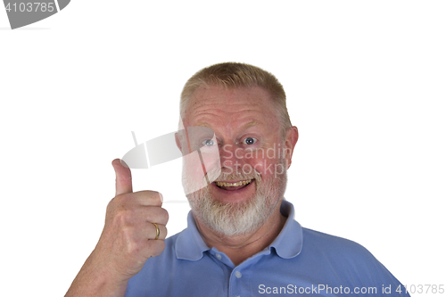 Image of Laughing male senior holding thumbs up