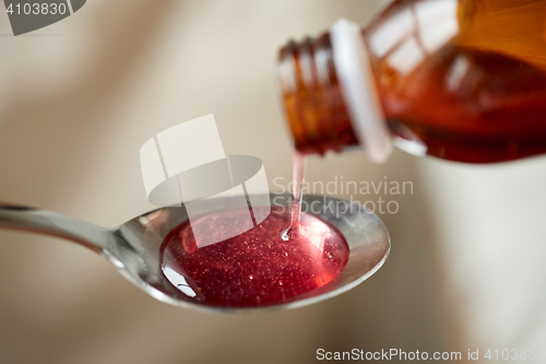 Image of medication or antipyretic syrup and spoon